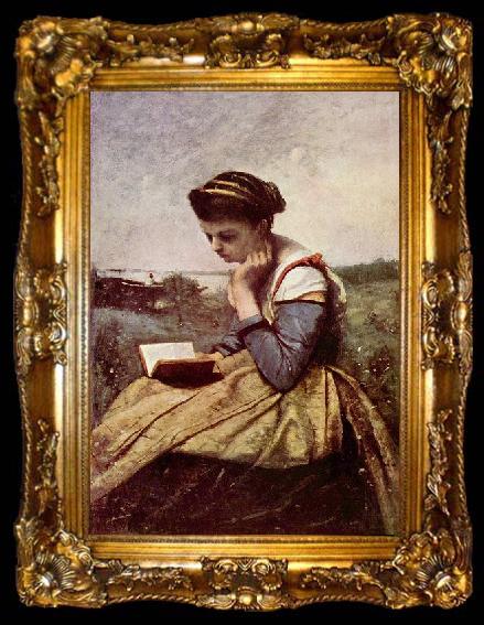 framed  Jean-Baptiste-Camille Corot Lesende Frau, ta009-2